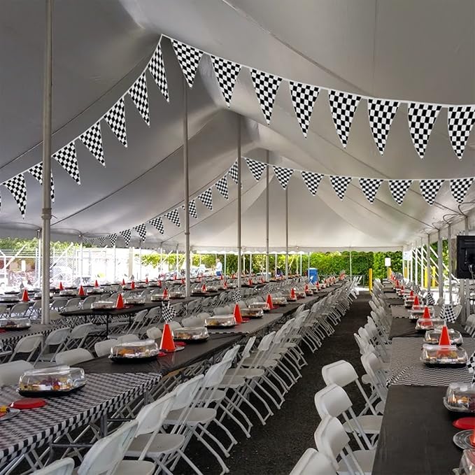 Checkered Flags Black and White 100’ FT Pennant Racing Banner | NASCAR Theme Party Decoration Plastic Flag | Race Car Parties Décor | Decorative Birthday BBQ Bar Hanging Accessories | 2-Pcs Banner Set