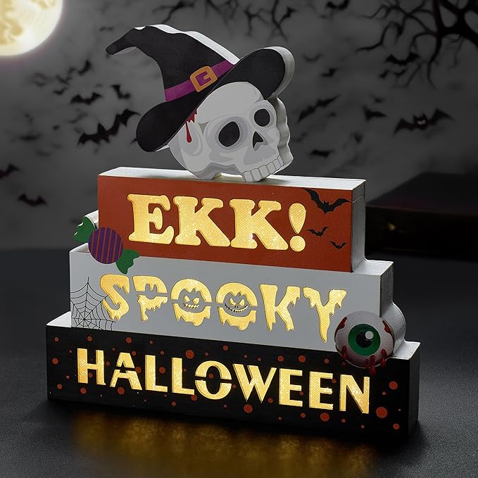BlcTec Halloween Decorations Indoor 9.4" 4-Tier Wooden Block Set with Glowing 3D Letters, Skull Topper, Battery Operated Spooky Halloween Décor Built-in Timer for Home, Mantle, Shelf, Table Decor