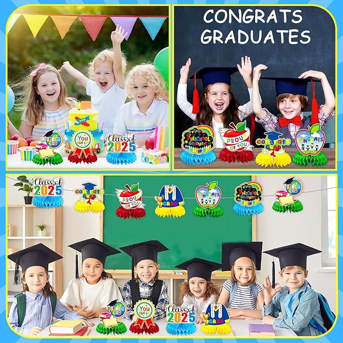 JULMELON 8PCS Preschool Graduation Party Decorations 2026 Honeycomb Centerpiece, 3D Kindergarten Graduations Centerpieces for Tables Congrats Grad Table Toppers for Prek Graduation Party Supplies
