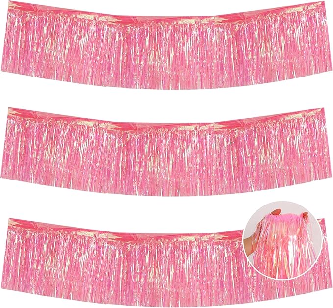 BEISHIDA 3 Packs Metallic Foil Fringe Garland Shining Pink Wall Hanging Tinsel Fringe Banners for Car Floats Bridal Shower Wedding Birthday Easter Graduation Holiday Party Decoration(30 Feet)