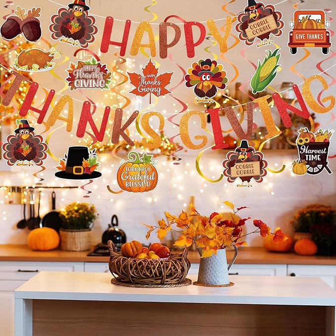 Happy Thanksgiving Banner Hanging Swirls Decorations Thanksgiving Fall Party Banner Turkey Pumpkin Maple Leaf Hanging Decorations for Home Office Indoor Classroom Party