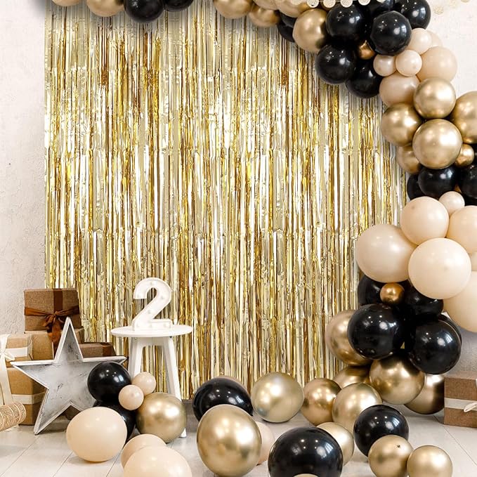 2 Pack Fringe Curtains Backdrops, Foil Fringe Curtains, Door Streamers for Birthday Wedding Bridal Shower Holiday Graduation Party Decorations, Photo Booth Backdrops, Champagne