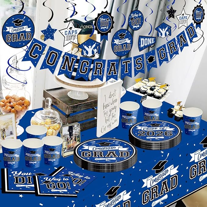 DAZONGE Graduation Decorations 2026 Blue, 265pcs Graduation Party Decorations 2026, Disposable Tableware Set for 50 Guests, Plates, Cups, Tablecloth with Congrats Grad Hanging Decor