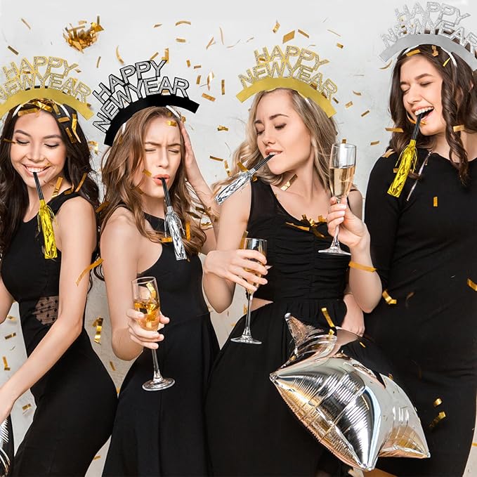 Openfly New Years Eve Party Supplies 2026 Happy New Year Headband Tiara New Year Fringed Noise Makers Party Favors