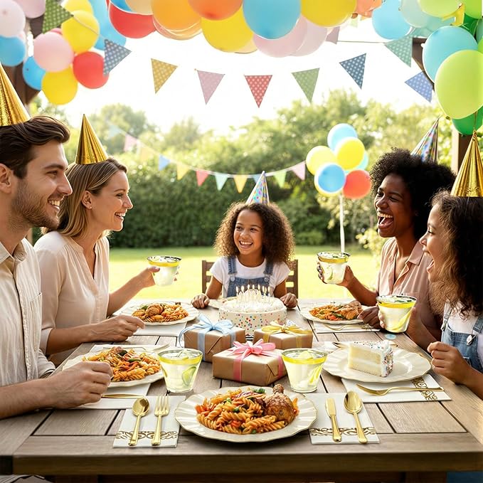 175 Piece Plastic Dinnerware Set Disposable Dinnerware Set for 25 Guests Include 50 Plastic Plates 25 Silverware Set 25 Cups and 25 Napkins for Easter Party Wedding Birthday（White and Gold）