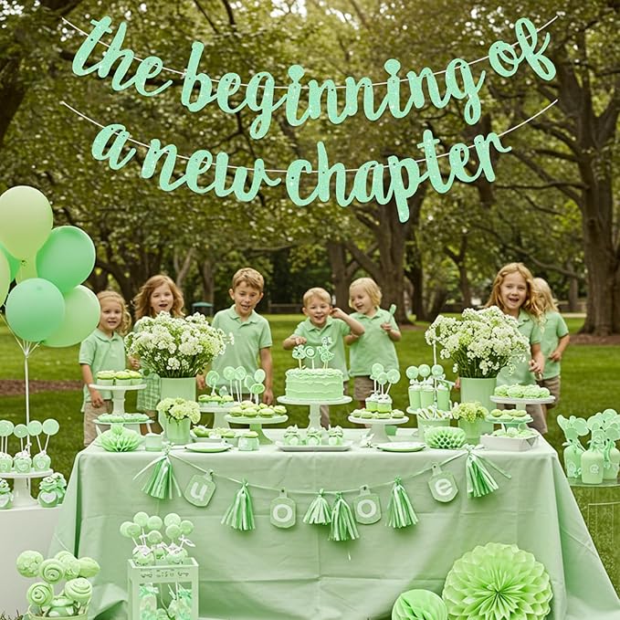 BEISHIDA Glitter Light Green The Beginning of A New Chapter Banner,Pre-Strung Farewell Book Themed Housewarming Party Congratulations Decorations,Going away party Garland,Graduation Sign 2026 Banner,retirement Supplies