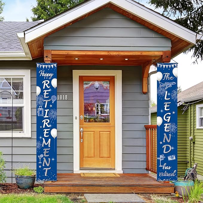 Boao Retirement Porch Sign Door Hanging Banner, Retirement Banner the Legend Fabric Door Sign Background for Retire Party Decoration Supplies, 71 x 12 Inches(Blue and Silver)