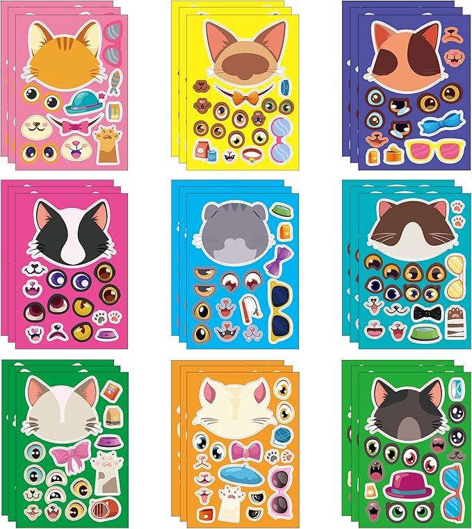 27 Sheets Cat Make a Face Sticker Sheets for Kids Todders Activities, Make Your Own Stickers for Kids Birthday Party Favor Supplies Craft