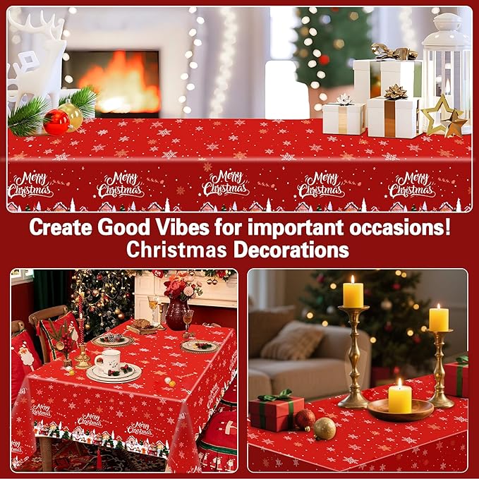 Christmas Tablecloths – 3 Pack 54 x 108 Inch Rectangle Table Covers – Red and Green Plastic Tablecloth with Santa Claus, Christmas Tree & Snowflake Prints – Christmas Holiday Party Decorations