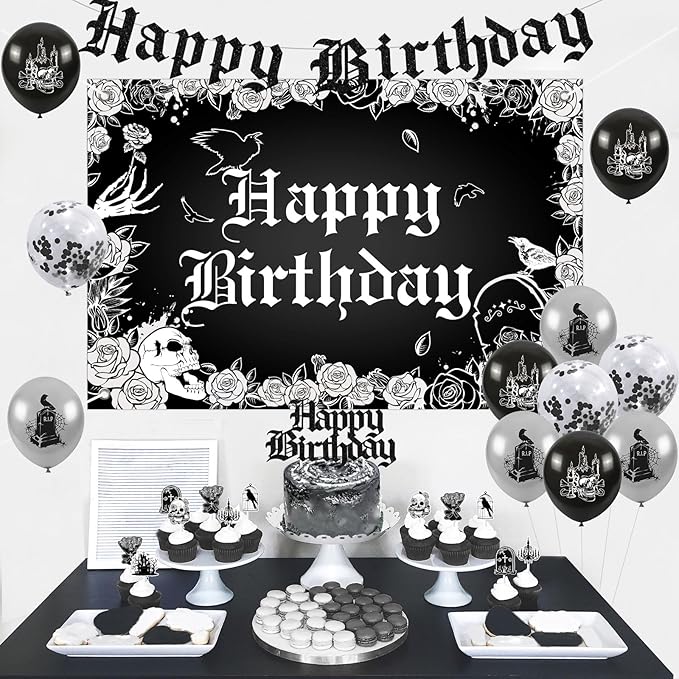 Gothic Birthday Decorations, Skull Theme Happy Birthday Backdrop Cake Topper Banner, Black Silver Cupcake Picks Balloons Bday Party Supplies Photography Background for Men Women