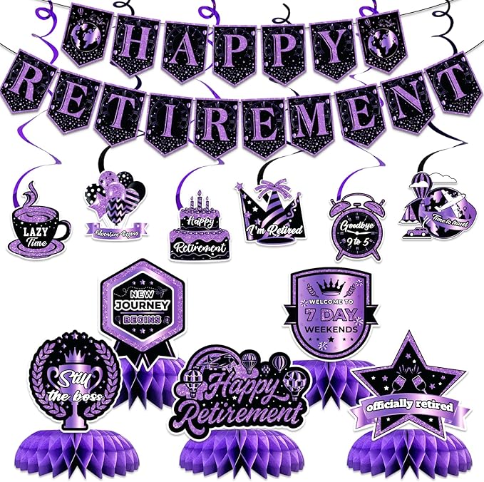 12Pcs Retirement Party Decorations for Men Women Purple Black Happy Retirement Banner Honeycomb Centerpiece Swirls Party Supplies Retired Farewell Party Set Work Graduation Party Decorations