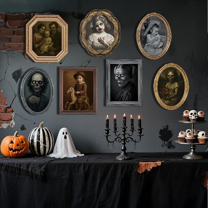 Scary Halloween Party Decoration Indoor Home Wall Decor 3D Changing Face Moving Picture Frame Portrait for Horror Halloween Party Supplies Castle Haunted House Decor(Style D, 12 Pack)