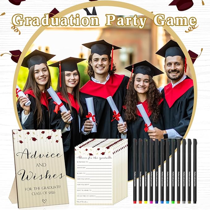 113 Pcs Class of 2026 Graduation Party Favors Include 1 Advice and Wishes Wooden Sign 100 Graduation Advice Cards with 12 Fineliner Ink Pens for The Graduate Class of 2026(Red)