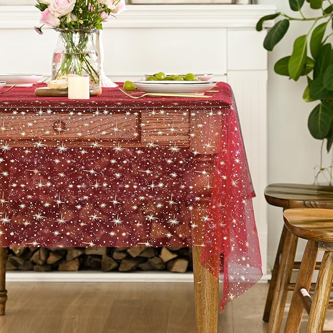 Horaldaily Red Gold Sparkling Star Gauze Tablecloth 60x104 Inch Rectangular, Golden Star Sequin Glitter Metallic Foil, Sheer Tulle Cheesecloth for Wedding Baby Shower Party