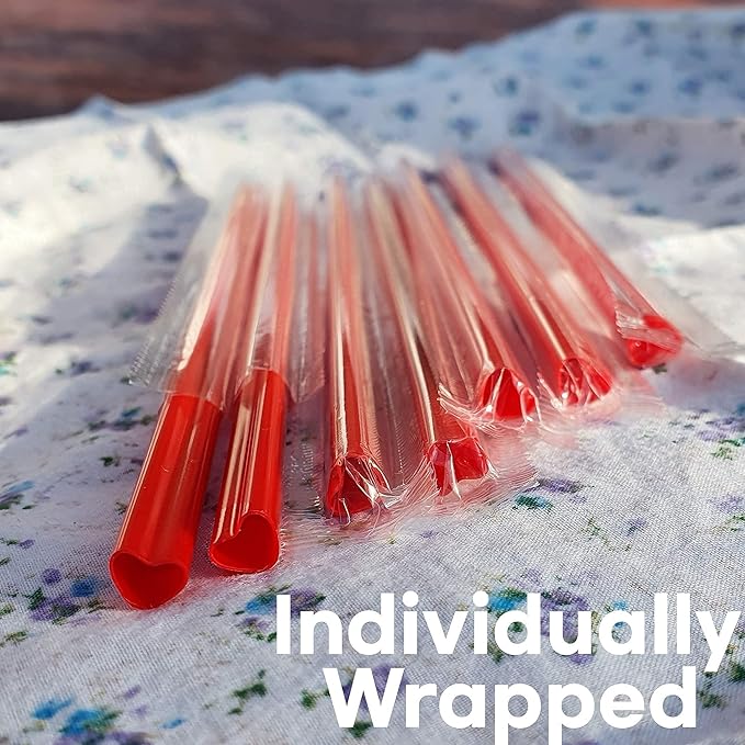 200pcs Heart Shaped Red Straws Disposable Drinking Cute Straw Individually Wrapped plastic red straw Valentines day Cocktail Party Birthday Party Bridal Shower Wedding supplies