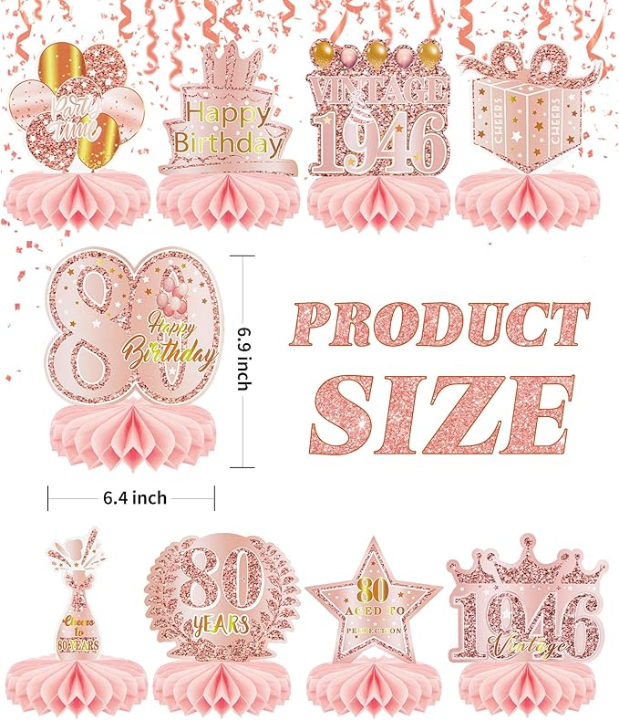 9 Pcs 80th Birthday Decoration for Women Happy 80th Birthday Table Honeycomb Decorations Rose Gold Pink Centerpieces Tables Toppers1946 Decor Cheers to 80 Years Old Birthday Party Favors