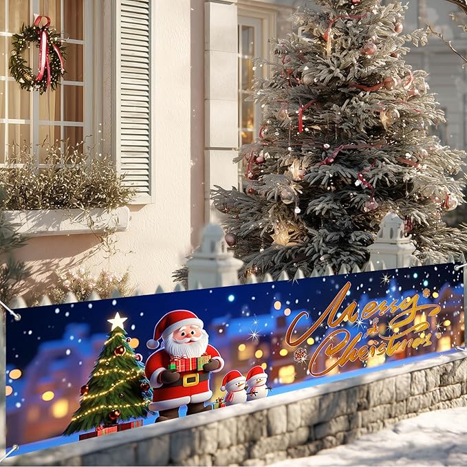 Merry Christmas Banner Santa Claus Christmas Decorations for Home 79x18 Inch Large Outdoor Xmas Backdrop with Snowman Tree Lights for Holiday Party Wall Yard Fence Indoor Decor