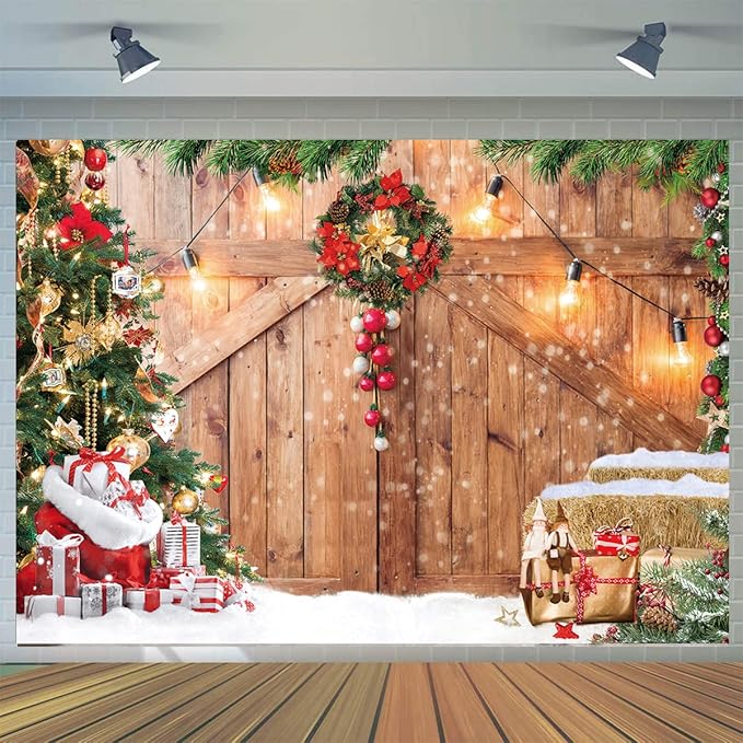 CYLYH 12x10FT Christmas Barn Wood Door Photography Backdrop Xmas Tree Snow Gift Wall Floor Party Photo Background for Holiday New Year Party Banner Family Holiday Party Supplies D554