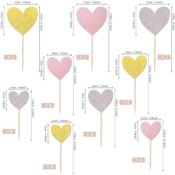 30 PCS Love Heart Cupcake Toppers Glitter Sweet Love Cupcake Picks Bridal Shower Cake Decorations for Wedding Engagement Valentine's Day Baby Shower Birthday Party Supplies Gold Silver Pink