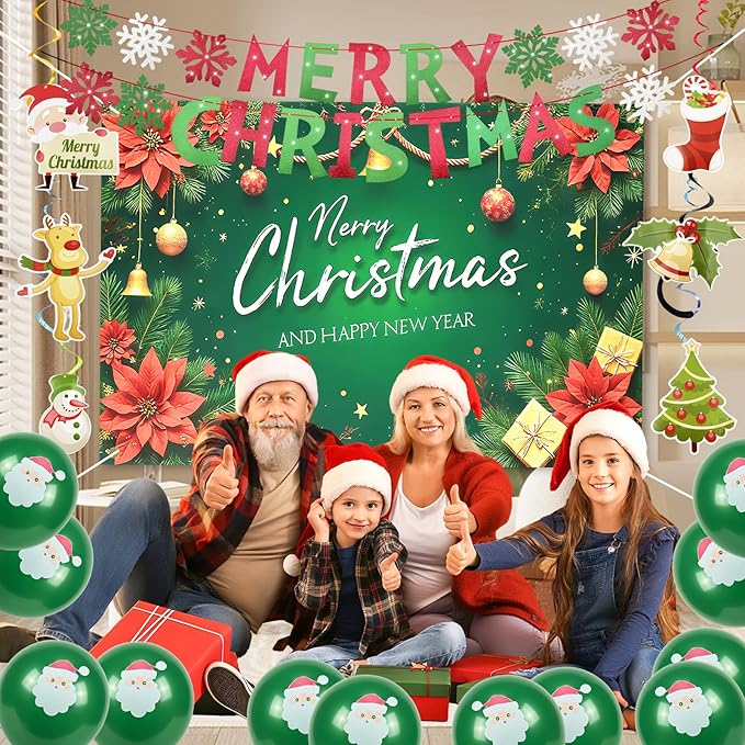 Christmas Party Decoration Set, 44PCS Merry Christmas Birthday Party Supplies with Backdrop Banner,Merry Christmas Banner with Red Green Swirls,Hanging Decor for Holiday Home Indoor Party (Christmas 2)