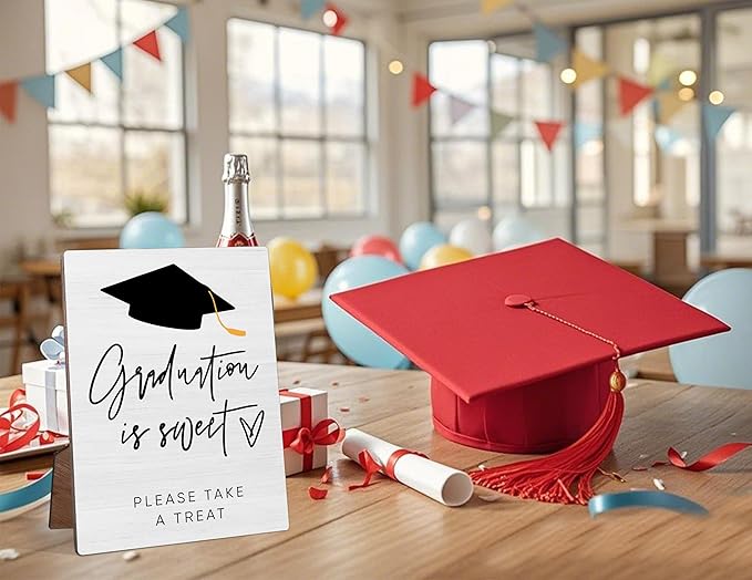 Graduation Dessert Table Sign, Graduation Is Sweet Please Take A Treat, Rustic Grad Party Decorations Desk Decor, 5 X 7" Wood Table Graduation Sign with Stand for Graduation Party Supplies, 02