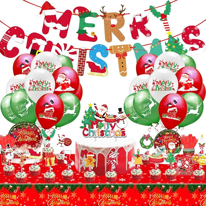Christmas Dinnerware Set Santa Claus Party Supplies Includes Plates Napkins Cups Knives Spoons Forks Tablecloth Balloons Banner Cupcake Toppers for Merry Christmas Party 156 Pieces