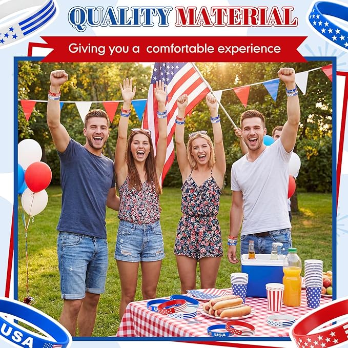 Sosation 72 Pcs 4th of July Party Favors Bracelets USA American Flag Red White and Blue Bracelet Patriotic Silicone Wristbands for 250th Anniversary Independence Day Party Favor