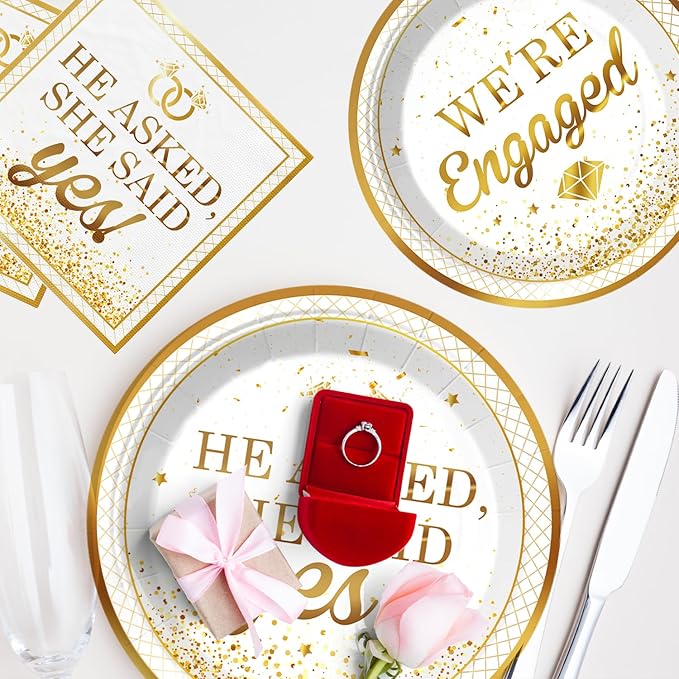 Engagement Party Decorations, Happy Engagement Banner Ring Foil Balloons He Asked She Said Yes Disposable Dinnerware with 2 Pcs Waterproof Engaged Tablecloth Wedding Proposal Decorations Party Decor