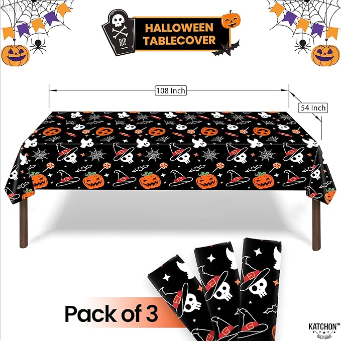 KatchOn Halloween Tablecloths - Large 54x108 Inch, Pack of 3 | Disposable Plastic Table Covers for Halloween Decorations Indoor, Outdoor | Spooky Decorations