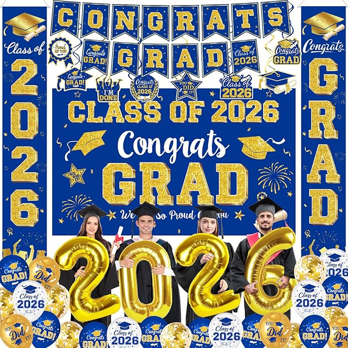 Graduation Decorations Class of 2026 - Blue and Gold Party Supplies with Congrats Grad Backdrop & Banner, Hanging Swirls, Porch Sign, Balloons for Graduation Decorations bjb-2-lanjin