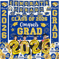 Graduation Decorations Class of 2026 - Blue and Gold Party Supplies with Congrats Grad Backdrop & Banner, Hanging Swirls, Porch Sign, Balloons for Graduation Decorations bjb-2-lanjin