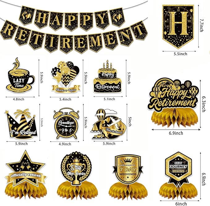 12Pcs Retirement Party Decorations for Men Women Black Gold Happy Retirement Banner Honeycomb Centerpiece Swirls Party Supplies Retired Farewell Party Set Work Graduation Party Decorations