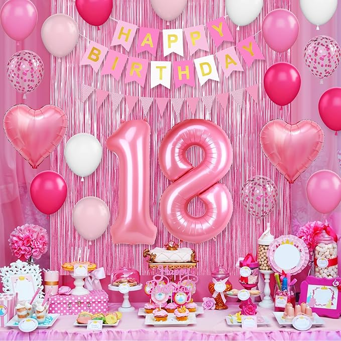 18th Birthday Decorations for Girls,Hot Pink 18th Birthday Balloons with Happy Birthday Banner Fringe Curtain Heart Foil Balloons for 18 Year Old Birthday Decor
