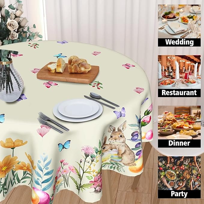 Easter Tablecloth Round 60 Inch Spring Floral Tablecloth Farmhouse Bunny Easter Table Cloth for Dining Room Kitchen Holiday Picnic Party Indoor or Outdoor Decor