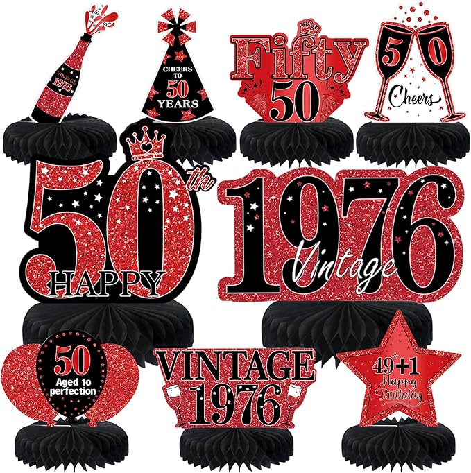 9Pcs 50th Birthday Decorations Red and Black 50th Birthday Party Decorations for Women,Happy 50 Years Vintage 1976 Aged Honeycomb Centerpieces Table Sign Decor Supplies