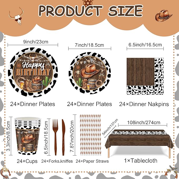 169PCS Cowboy Party Decorations for Boys Western Birthday Party Supplies Cowboy Wild West Themed Paper Plates and Napkins Cups with Forks Knives and Straws Tableware Set for 24 Guests