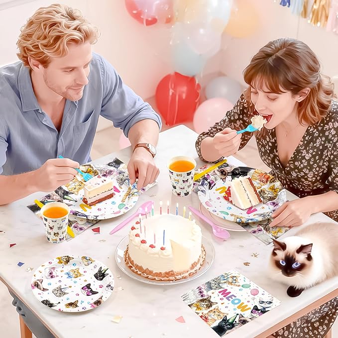 Cats Happy Birthday Party Plates Set, 168PCS Cats Themed Paper Plates Napkins Cups and Colorful Cutlery Set, 24 Set Cat Disposable Tableware Set for Birthday Party Supplies