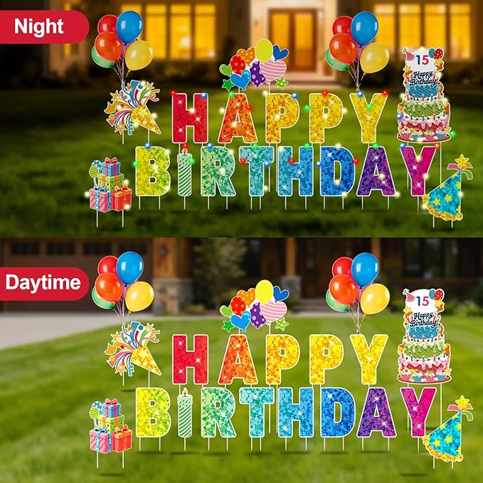 Happy Birthday Yard Sign Outdoor Decorations - 19 PCS Set with 16" Letters, 30" Large Cake Sign on H-Shaped Metal Stand, 32.8 Ft LED Lights & Stakes for Lawn Garden Happy Birthday Yard Sign With Stakes
