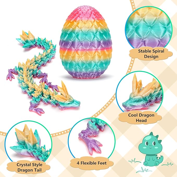 12 Pcs 3D Printed Dragon with Egg for Easter Basket Stuffers, Dinosaur Easter Eggs Fillers Fidget Toys,Easter,Birthdays, Christmas Easter Decorations Gifts for Girls Boys(Without Keychain)