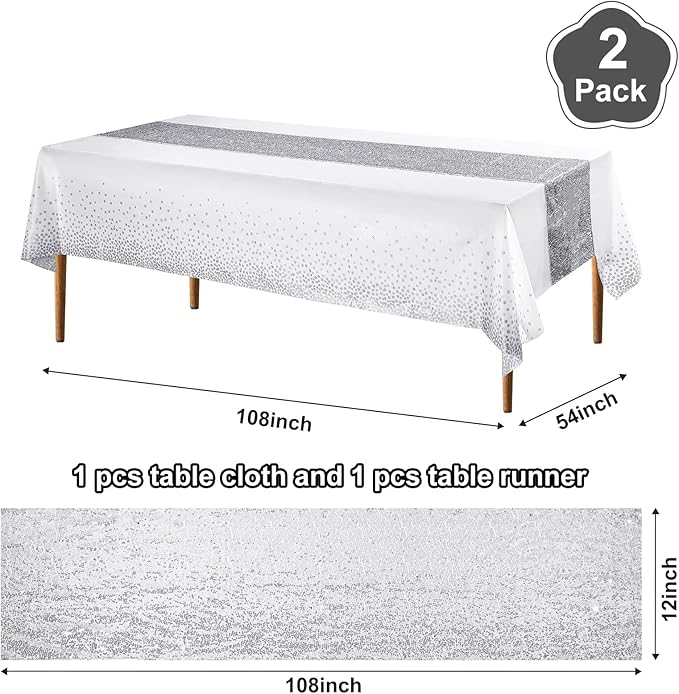 Irenare Tablecloth and Sequin Table Runner Set Polka Dots Confetti Table Cover Dining Plastic Tablecloths Glitter Decorations for Birthday Wedding Anniversary Party Supplies(White, Silver,2 Pcs)