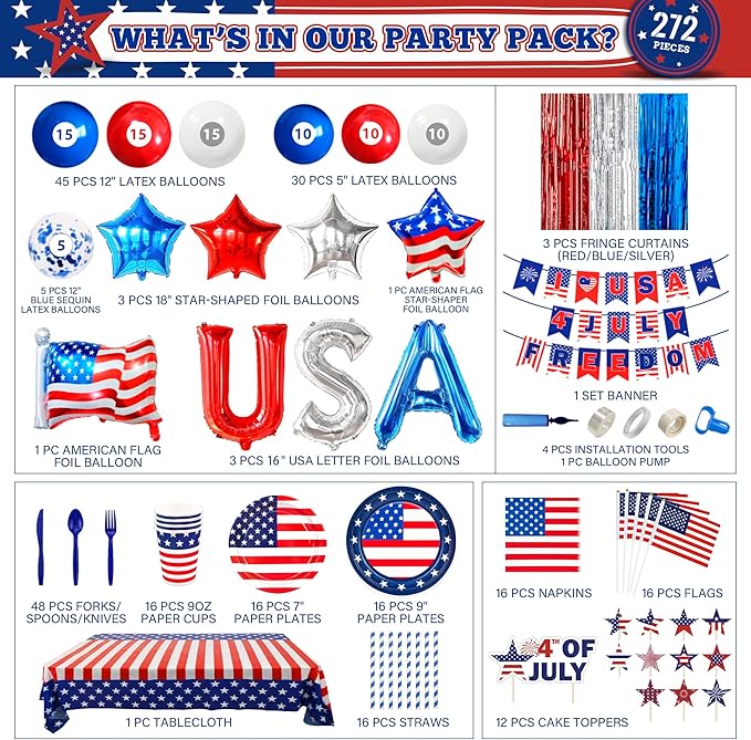 Party Spot! 272 pcs 4th of July Birthday Party decorations,16 Tableware Sets,“USA” Balloons, Paper Plates, Patriotic Party Decorations, Independence Day Party Decoration, Tablecloth, Flag