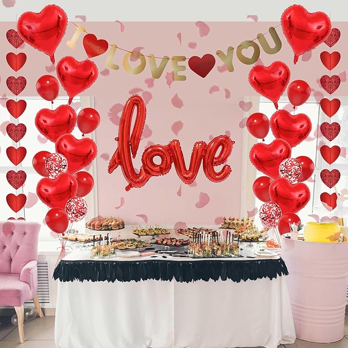Anniversary Romantic Decorations Heart Balloons - 29Pcs Gold I Love You Banner Red Heart Balloon and Rose Petals For Engagement Wedding Anniversary Valentines Day Decor Supplies