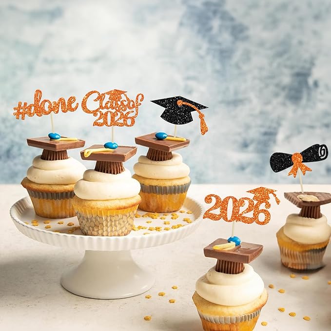 Gyufise 30Pcs 2026 Graduation Cupcake Toppers Orange Glitter Class of 2026 Done Cupcake Picks Grad Cap Diploma Cake Decorations for 2026 Graduation Theme Party Cake Decorations Supplies