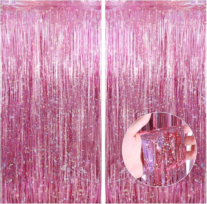 2 Pack Pink Birthday Decoration, Party Fringe Backdrop Decor Tinsel Foil Curtain Door Backdrop Banner Photo Booth Streamer for Birthday Wedding Baby Shower Bachelorette Disco Party Engagement