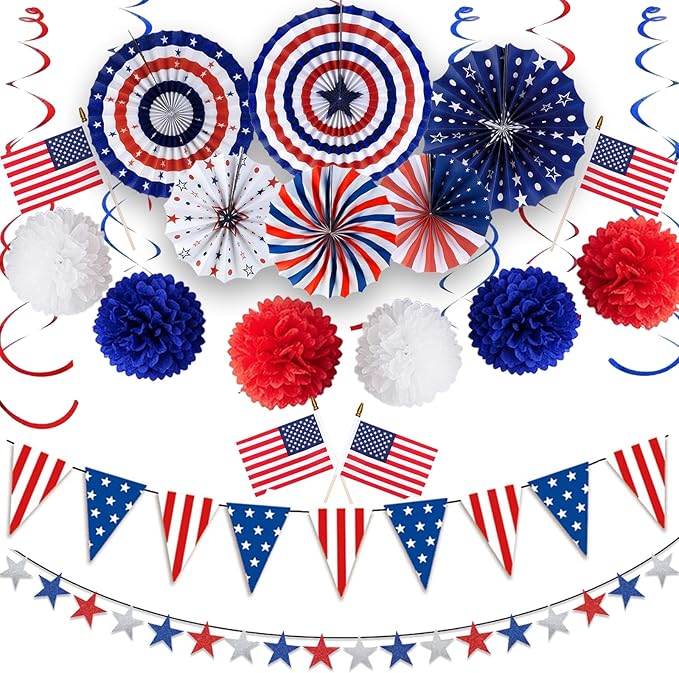 32PCS 4th of July Patriotic Decorations Red White Blue Paper Fans USA Flag Pennant Star Streamer Pom Poms Hanging Swirls For Veterans Labor Presidents Flag Memorial Day Indoor Outdoor Outside