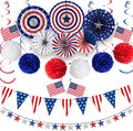 32PCS 4th of July Patriotic Decorations Red White Blue Paper Fans USA Flag Pennant Star Streamer Pom Poms Hanging Swirls For Veterans Labor Presidents Flag Memorial Day Indoor Outdoor Outside