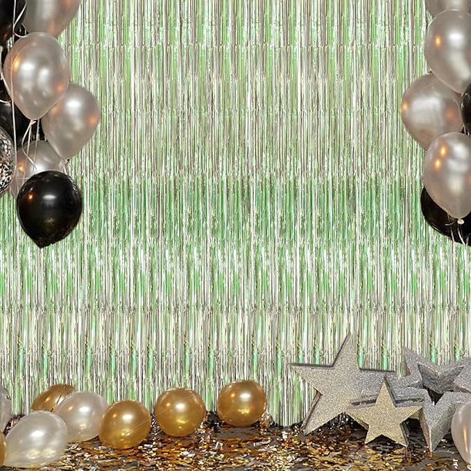 2 Pack Foil Fringe Backdrop - Light Green Shiny Tinsel Curtains for Party Decoration/Photo Booth Props - 3.3x6.6 FT Metallic Foil Backdrop for Birthday, Wedding, Graduation, Christmas.