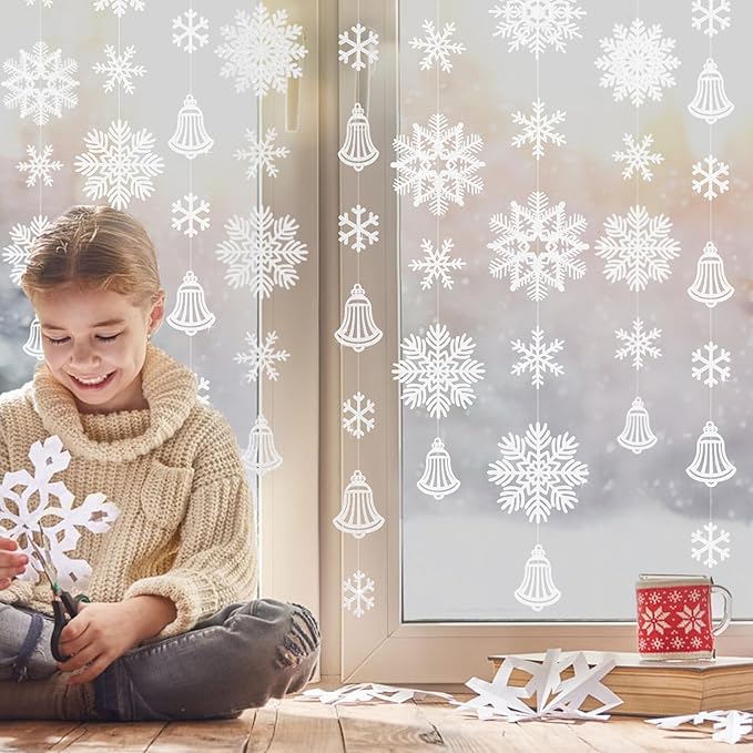 40Ft Snowflakes Party Decoration White Snowflakes Bell Garland Glitter White Paper Big Snowflakes Hanging Streamer Backdrop for Winter Wonderland Christmas Holiday Birthday Home Window Wall Room Decor