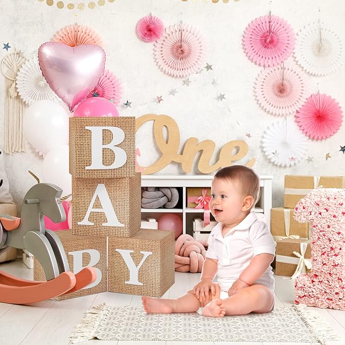 RUBFAC Burlap Print Baby Boxes with Letters for Baby Shower, 4pcs Rustic Farmhouse Style Boho Balloon Boxes with Burlap Grain for Birthday Gender Reveal Decoration Backdrop Photo Props