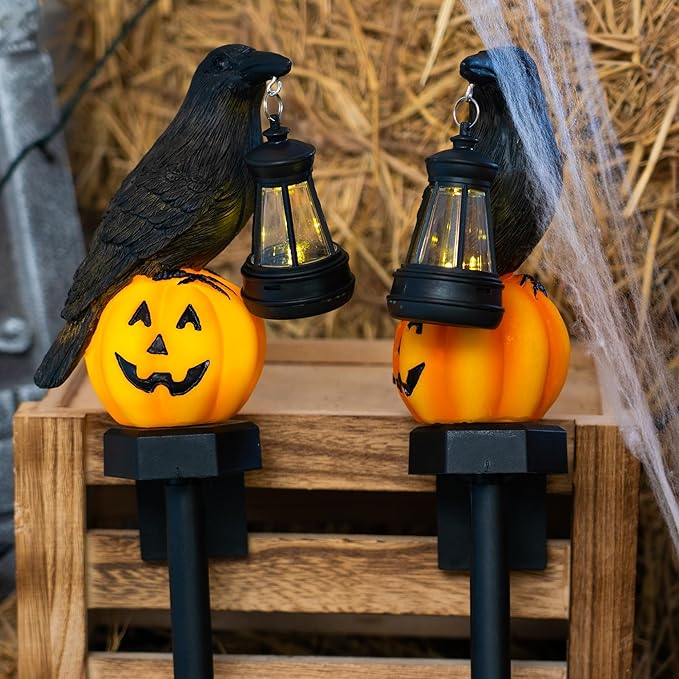Dazzle Bright 2 Pack Halloween Crow Pathway Lights Outdoor, Solar Powered Resin Crow with Pumpkin Walkway Lights, Stake Light for Halloween Pathway Garden Lawn Yard Gifts Decoration